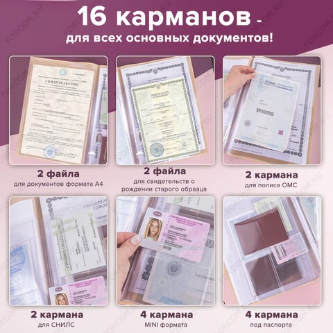Папка для семейных документов с файлами (паспорта, свидетельства, полисы, СНИЛС) 16 отделений 237806