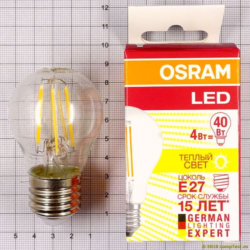 Лампа светодиодная шар Е27 4 Вт 220В 3000К теплая, прозрачная Filament OSRAM