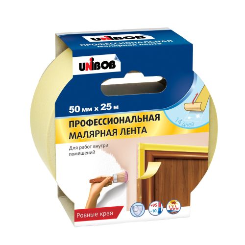 Лента малярная бумажная 50 мм х 25 м желтая для внутренних работ UNIBOB