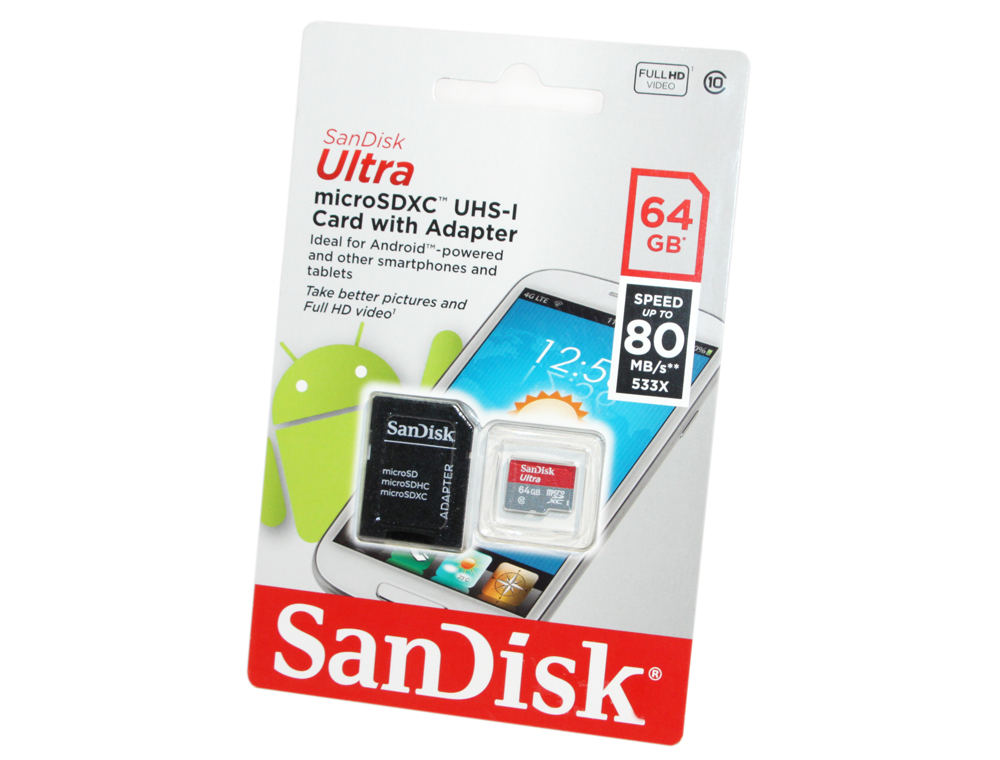 Карта памяти  SanDisk Micro SDHC 64 Gb Class 10 + adapt. 