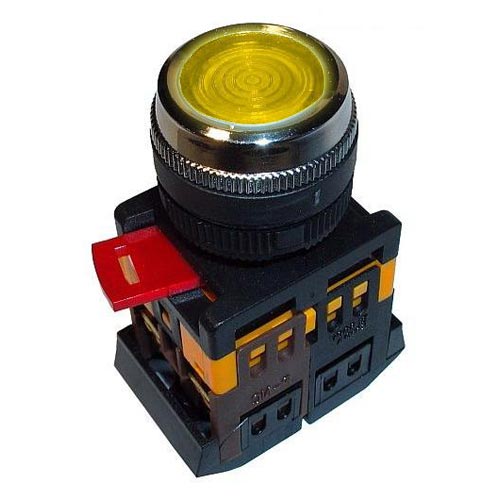 Кнопка без фиксации с подсвет. неон ИЭК ABLFS-22 230B 1з+1р. жёлт.