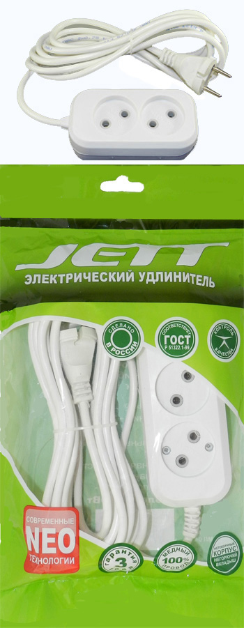Удлинитель 2-местный  5 метров 10А ДЖЕТТ (провод ПВС 2х0,75 мм²) 155-105