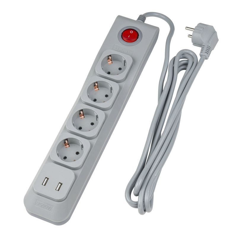 Сетевой фильтр UNIEL 4 местный 3,0 м. серый 10А/2,2кВт, (ПВС 3х0,75)) 1USB(2,1A)