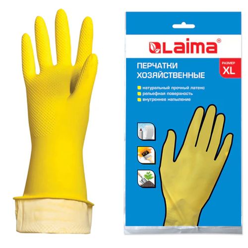 Перчатки хозяйственные латексные LAIMA "СТАНДАРТ" XL (очень большой), 600782 желтые