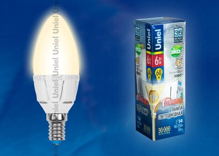 Лампа светод. свеча Е14  6W LED-C37-/WW/FR/DIM PLP01WH диммируемая.  Серия Palazzo