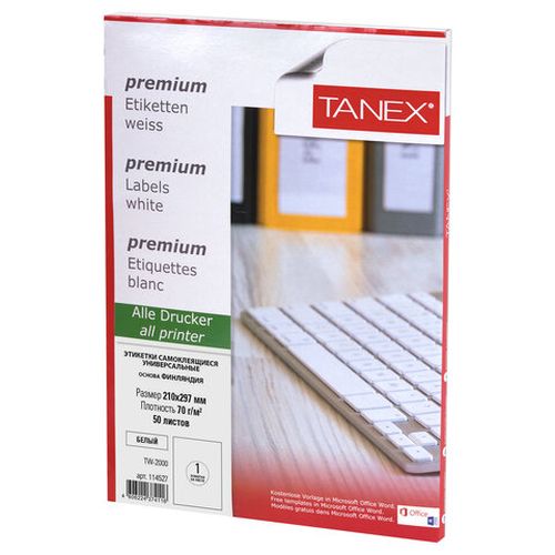 Бумага самоклеящаяся А4, 1 этикетка 210×297 мм, белая 70 г/м2, 50 л., TANEX 114527