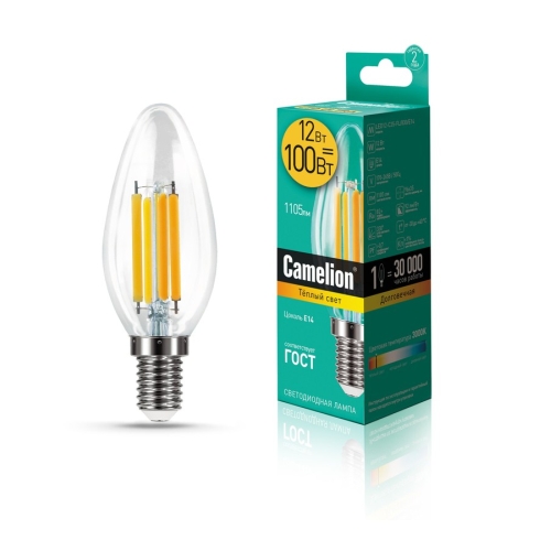 Лампа светодиодная свеча Е14 12 Вт 220В 3000K теплая, прозрачная Filament Camelion