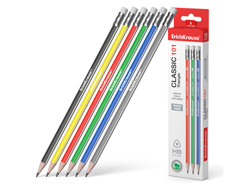 Карандаш с ластиком пластиковый чернографитный трехгранный ErichKrause Classic HB 55270