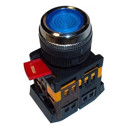 Кнопка без фиксации с подсвет. неон ИЭК ABLFS-22 230B 1з+1р. син.