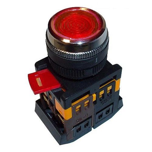 Кнопка без фиксации с подсвет. неон ИЭК ABLFS-22 230B 1з+1р. красн.