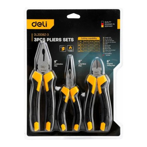 Набор инструмента Deli DL2008Z-3 плоскогубцы 200 мм, длинногубцы 170 мм, бокорезы 170 мм