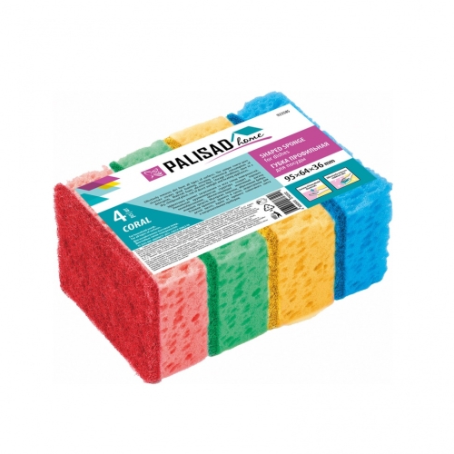 Губка для мытья посуды Coral, 95x64x36 мм, 4 шт. Home Palisad 923585