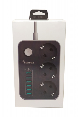Сетевой фильтр SELENGA PS306 3 местн. 1,6м, 10А+ 6 USB 5V, 3,4А
