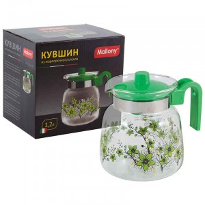 Кувшин 1200 мл, жаропрочное стекло, ручка пластик, Pentola-1200, зеленый, 910117 Mallony