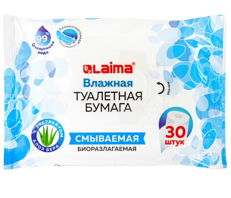 Бумага туалетная влажная смываемая, 30 шт., БИОРАЗЛАГАЕМАЯ, с экстрактом алоэ вера, LAIMA, 128082