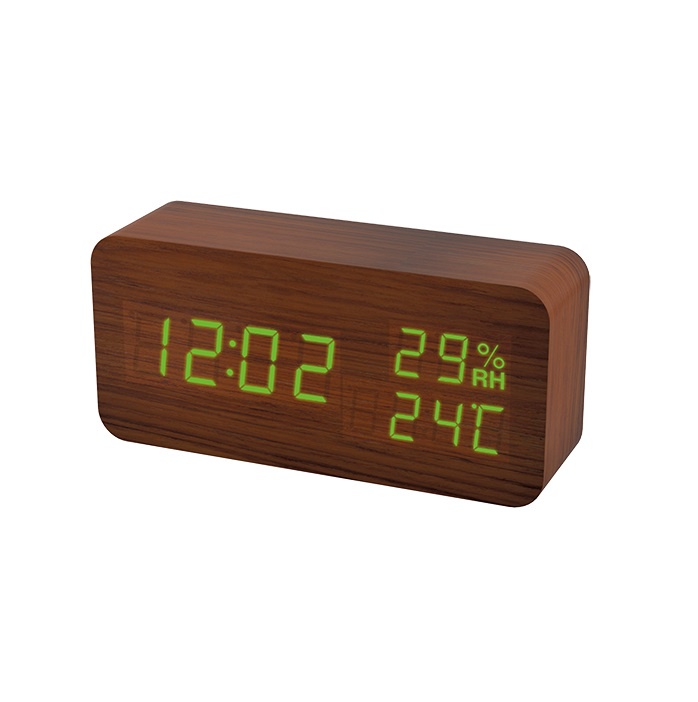 Часы-Будильник Perfeo "WOOD", коричневый корпус/зеленая LED подсветка (PF_4195)"