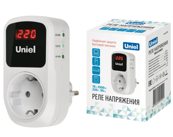 Реле напряжения Uniel в розетку, 3500Вт, 16А, UBR-E35 WHITE