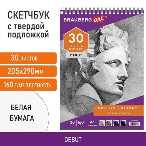 Скетчбук, белая бумага 160 г/м2, 205х290 мм, 30 л., BRAUBERG ART DEBUT 110985