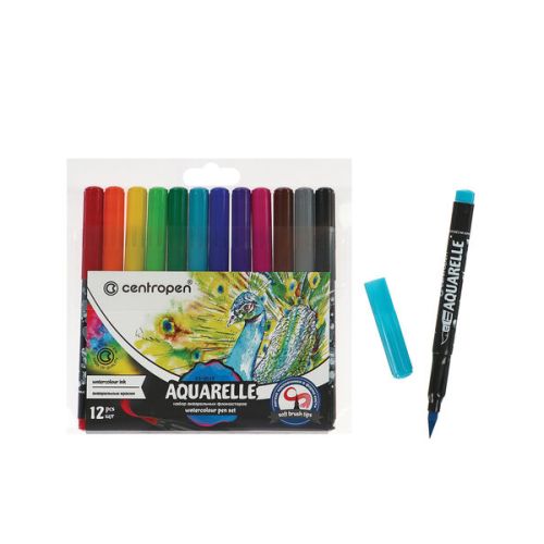 Маркеры-кисти акварельные 12 цветов CENTROPEN "Aquarelle", линия письма 1-9 мм