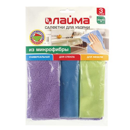 Салфетка из микрофибры универсальная, стекло, мебель 30х30 см (3 шт) LAIMA, 601258