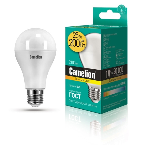 Лампа светодиодная A65 25Вт Е27 220В 3000К теплая, матовая Camelion