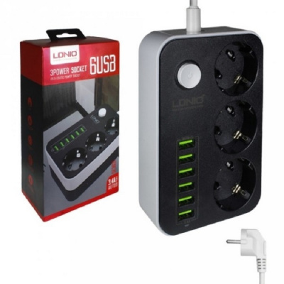 Сетевой фильтр LDNIO 3 местн. 1,6м, 10А+ 6 USB 5V, 3,4А SE3631 