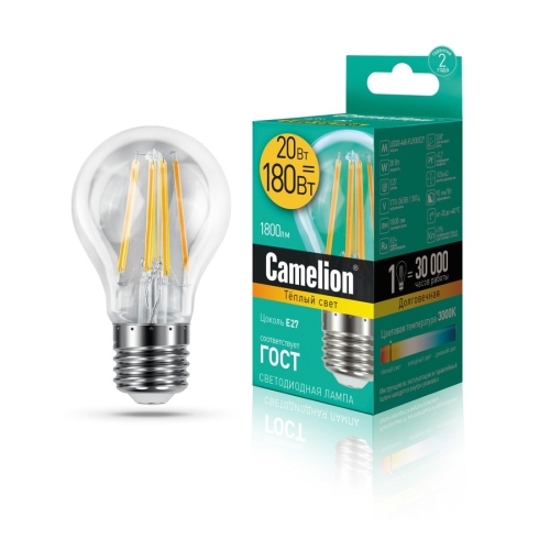 Лампа светодиодная A60 20Вт Е27 220В 3000К теплая, прозрачная Camelion филаментная